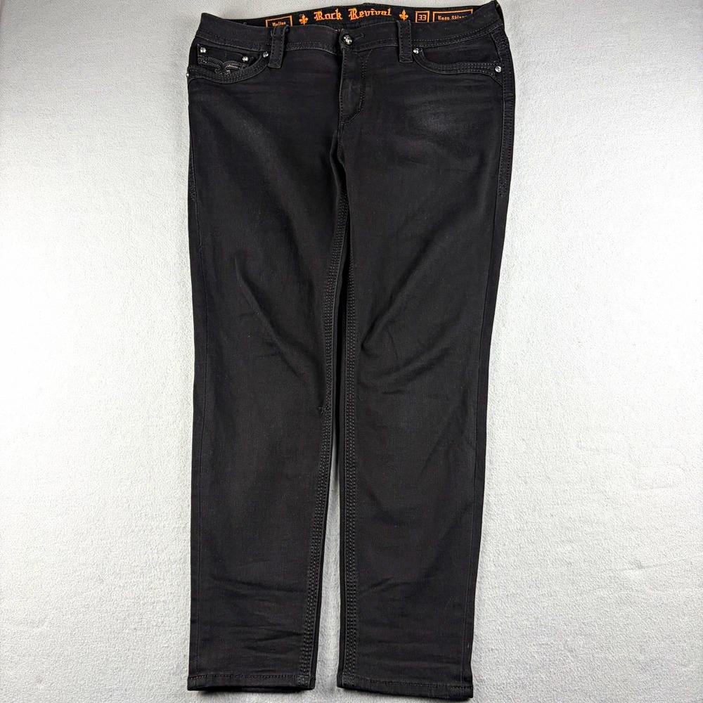 Rock Revival Beliss Easy Skinny Jeans Black Rhinestone Women's 33 Fits 38x30
